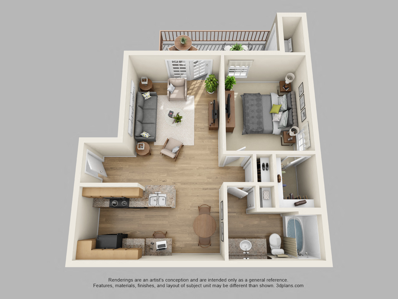 Floor plan for 1 bed, 1 bath, 735 sqft